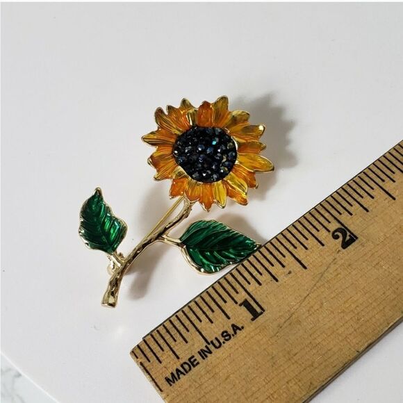 SUNFLOWER Enameled & Embellished Brooch Pin - Picture 5 of 6